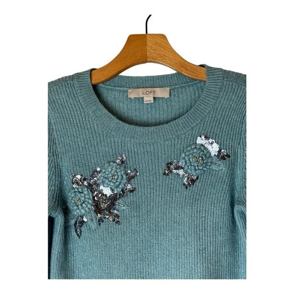 Loft Sweater Women XS Blue Green Fuzzy Knit Puff Sleeve Jewel Crochet Pullover - Picture 4 of 10